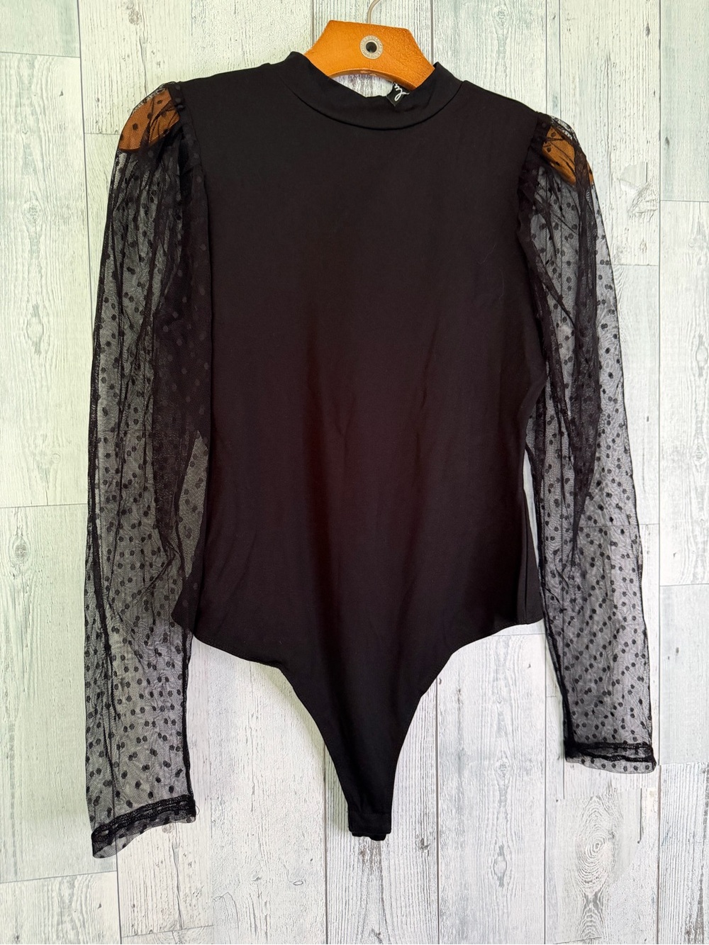 Lulu's Black Dot Mesh Sleeve Mock Neck Bodysuit